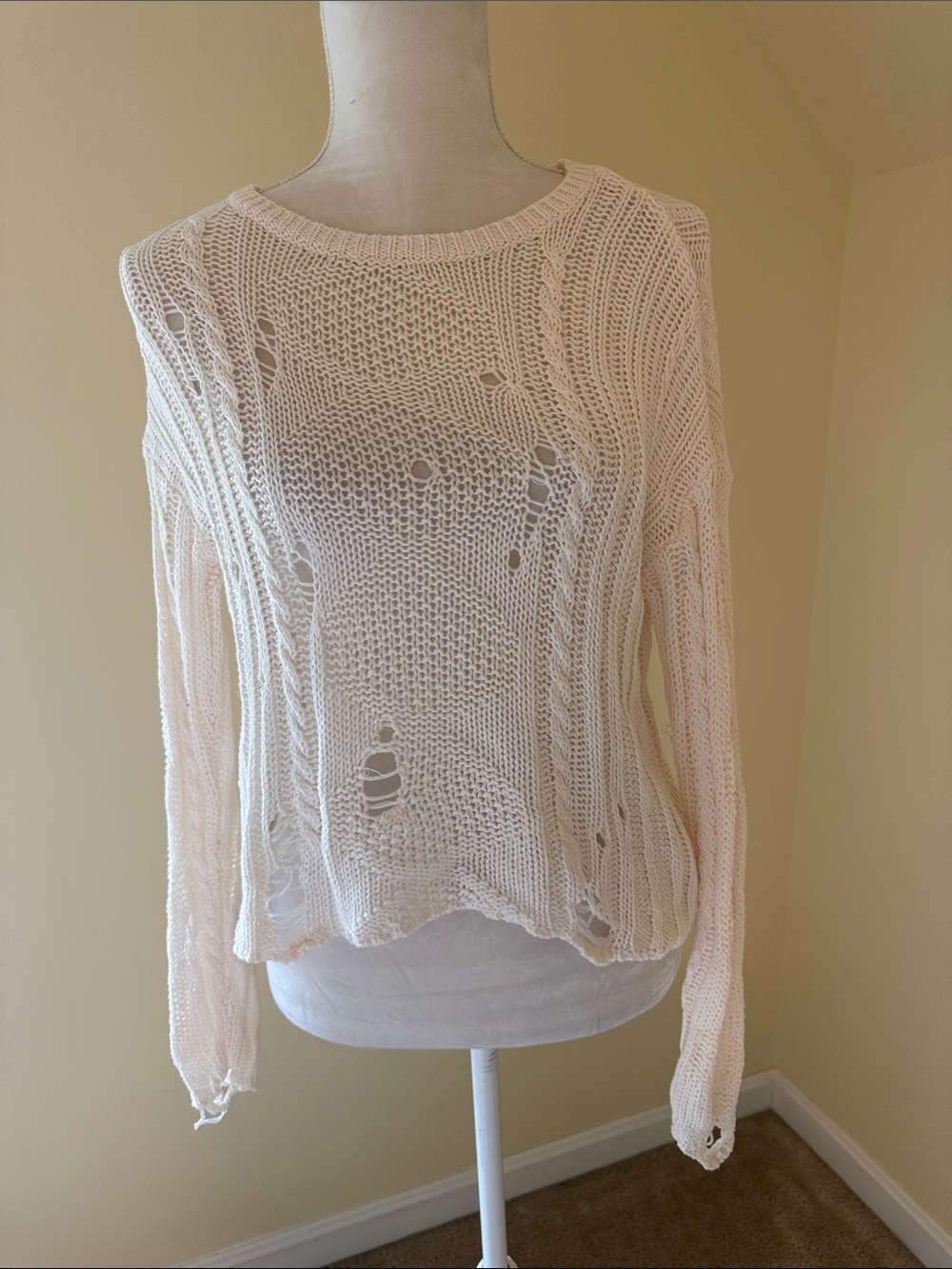 aerie Light Pink Distressed Open-Knit Crewneck Sweater